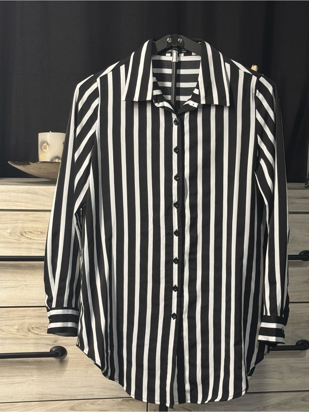 Women's Black and White Vertical Stripe Button-Up Shirt